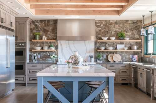 Unionlands Cabinetry Farmhouse Raised Panel Maple Wood Stain Kitchen Cabinet Two Tone With Blue Shaker Door Island Cabinet
