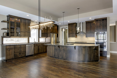 Unionlands Cabinetry Modern Kitchen Cabinet Timber Veneer Finish Plywood Slab Panel With Granite Benchtop Arc Island Cabinet