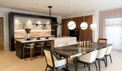Unionlands Cabinetry Modern Kitchen Cabinet Wood Grain Textured Based Cabinet With Black Lacquer Painted Quartzite Countertop Island