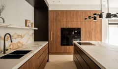 Unionlands Cabinetry Modern Kitchen Cabinet Wood Grain Textured Based Cabinet With Black Lacquer Painted Quartzite Countertop Island