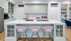 Unionlands Cabinetry Light Green Matte Lacquer Painted Shaker Panel Mini Kitchen Furniture With Open Floating Shelves and Glass Door Island Cabinet