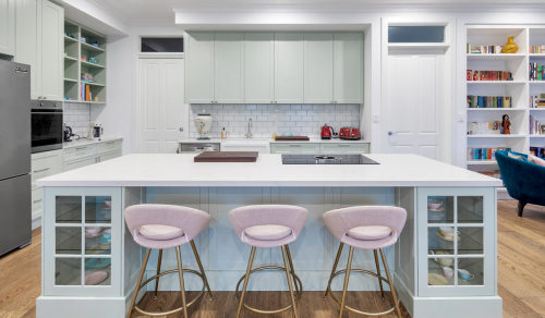 Unionlands Cabinetry Light Green Matte Lacquer Painted Shaker Panel Mini Kitchen Furniture With Open Floating Shelves and Glass Door Island Cabinet