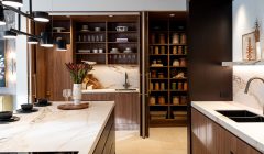 Unionlands Cabinetry Modern Kitchen Cabinet Wood Grain Textured Based Cabinet With Black Lacquer Painted Quartzite Countertop Island