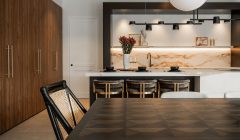 Unionlands Cabinetry Modern Kitchen Cabinet Wood Grain Textured Based Cabinet With Black Lacquer Painted Quartzite Countertop Island