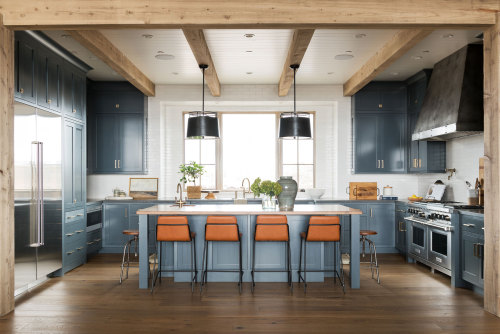 Unionlands Cabinetry Navy Blue Painted Standard Shaker Panel Kitchen Cabinet With American Style Framed Inset Open Floating Shelves