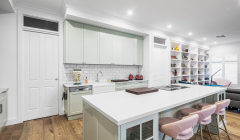 Unionlands Cabinetry Light Green Matte Lacquer Painted Shaker Panel Mini Kitchen Furniture With Open Floating Shelves and Glass Door Island Cabinet