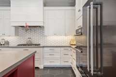 Unionlands Cabinetry Shaker Panel White Painted Kitchen Cabinet With Warm Red European Style Roman Column Island