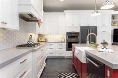 Unionlands Cabinetry Shaker Panel White Painted Kitchen Cabinet With Warm Red European Style Roman Column Island