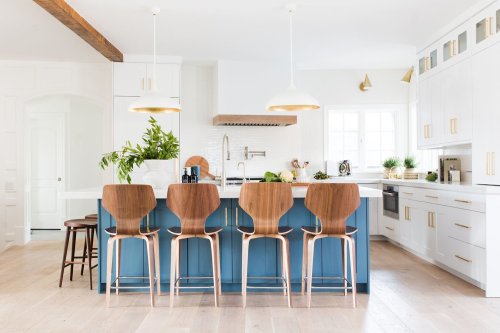 Unionlands Cabinetry White Kitchen With Gold Accents MDF White Shaker Panel Door And Blue Island with Luxury Countertops