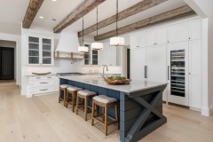 Unionlands Cabinetry Shaker Solid Wood Maple Panel Door - White and Blue Two-Tone Painted with Integrated Refrigerator
