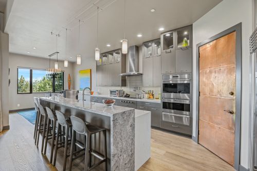 Unionlands Cabinetry Custom Furniture Modern Design Plywood Kitchen Cabinet Gray Matte Lacquer Slab Door With Marble Tabletop Breakfast Bar