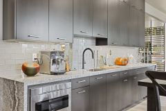 Unionlands Cabinetry Custom Furniture Modern Design Plywood Kitchen Cabinet Gray Matte Lacquer Slab Door With Marble Tabletop Breakfast Bar