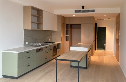 Unionlands Cabinetry Modern Custom Kitchen with Wood Grain and Lacquer Slab Panel