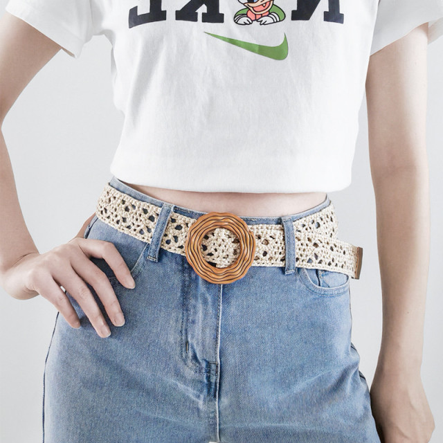 PP Rattan Straw Hollow Woven Elastic Waist Belt - Women Braided Stretch Belts Boho Style