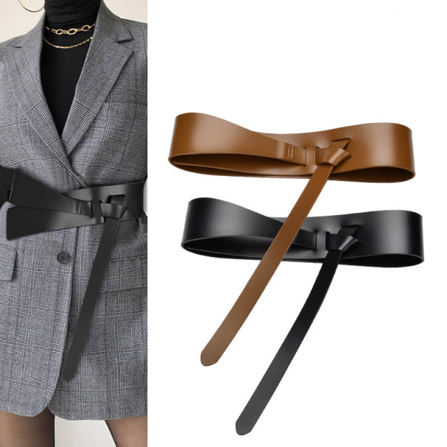 New Trendy Genuine Leather Tie Knotted Belt  - Women Wide Waist Belt for Coat Dress