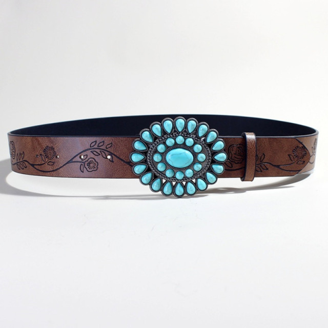 Oval Concho Belt Vintage Western Print Leather Belt - Turquoise Buckle Western Belts For Women