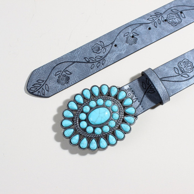 Oval Concho Belt Vintage Western Print Leather Belt - Turquoise Buckle Western Belts For Women