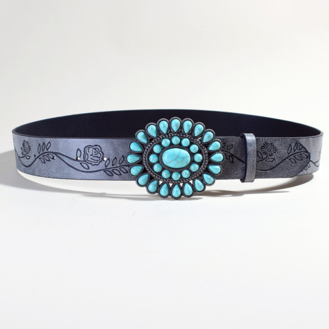 Oval Concho Belt Vintage Western Print Leather Belt - Turquoise Buckle Western Belts For Women