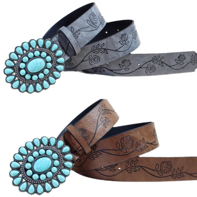 Oval Concho Belt Vintage Western Print Leather Belt - Turquoise Buckle Western Belts For Women