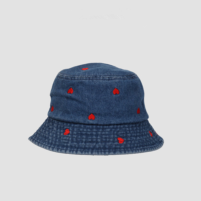 Hot Heart Embroidered Washed Denim Bucket Hat - Summer Cotton Fisherman Hat For Women