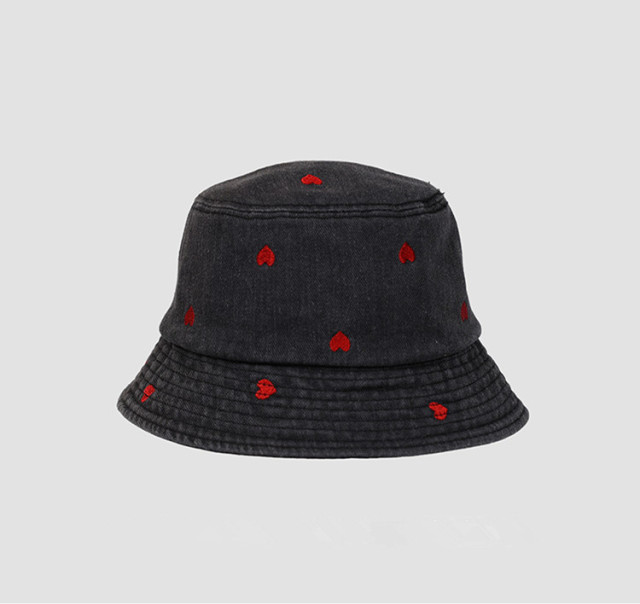 Hot Heart Embroidered Washed Denim Bucket Hat - Summer Cotton Fisherman Hat For Women