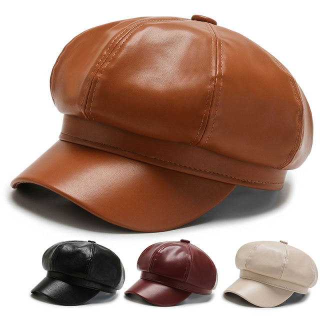Women PU Leather Beret Hat With Brim - Solid French Newsboy Beanie Caps