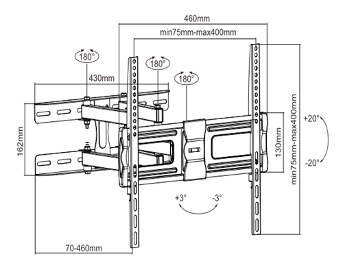 PLA09-446P Super economy Articulating Flat Panel TV Wall Mount For most 26"-55" curved & flat panel TVs