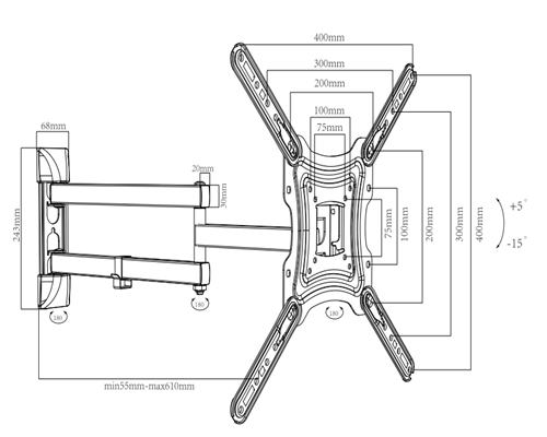 PLA20-443L Super economy Articulating Flat Panel TV Wall Mount For most 13"-55" curved & flat panel TVs