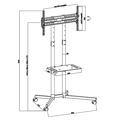 T1031 Height Adjustable Mobile Steel Rolling TV Trolley Cart on Wheels For Most 32"-70" Flat Panel TVs