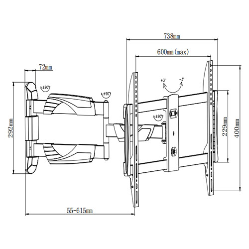 UPA39-463L Elegant Slim Full-motion Curved & Flat Panel TV Wall Mount For most 37"-70" curved & flat panel TVs