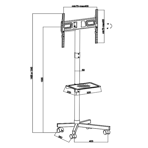 T1030 Height Adjustable Mobile Steel Rolling TV Trolley Cart on Wheels For Most 32"-55" Flat Panel TVs