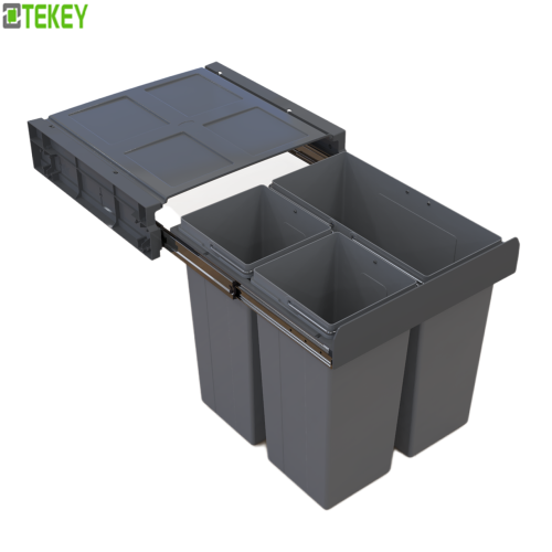 Tekey Poubelle intégrée 3 compartiments 68 L pour poubelle de cuisine intégrée de 500 mm, grande poubelle de cuisine, poubelle de recyclage en plastique à fermeture douce et coulissante