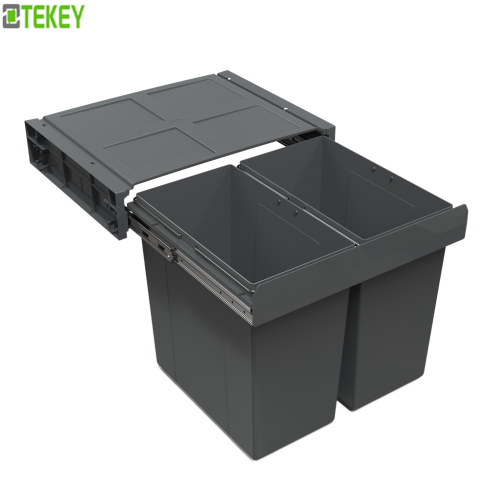 Tekey Poubelle double grande capacité 90 L pour armoire de cuisine de 600 mm, poubelle intérieure coulissante en plastique, poubelle à poussière, paniers de tiroir, rangement de cuisine, poubelle coulissante
