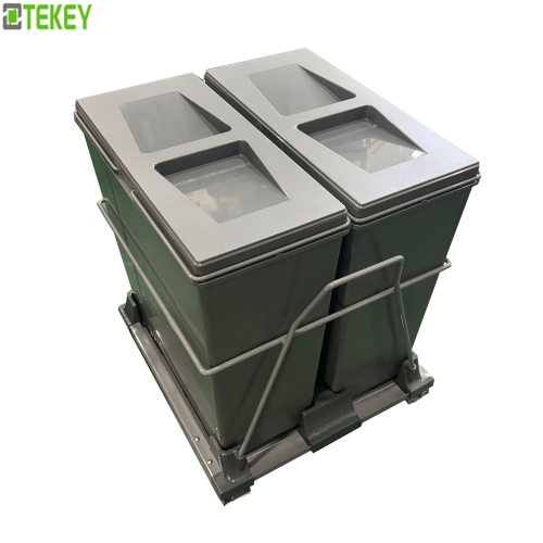 Tekey Sliding Out Double Bin Kitchen Cabinet Waste Bins Runner Cabinet Drawer Waste Bin Built-in Trash Bin Soft Closing Pullout Trash Bin Modern Kitchen Storage Bin Plastic Garbage Container Trash Can