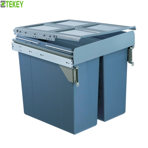 Tekey Poubelle intégrée 3 compartiments 68 L pour poubelle de cuisine intégrée de 500 mm, grande poubelle de cuisine, poubelle de recyclage en plastique à fermeture douce et coulissante