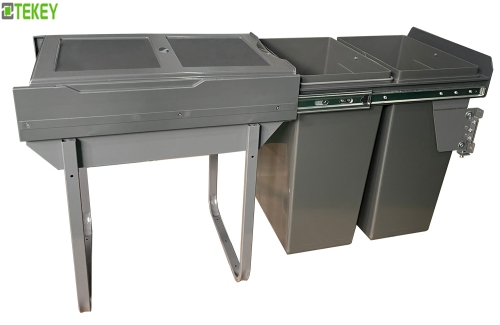 Tekey Guia de empurrar-puxar Classificação de balde duplo lata de lixo escondida Alimentos de plástico Reciclagem de armário de cozinha Lixo de lixo de cozinha Combinação de reciclagem Lixo de cozinha pode ser construído em latas de reciclagem Porta de