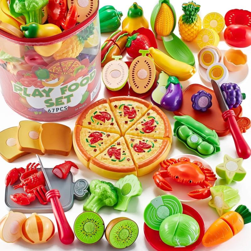 Pretend Play Food Sets for Kids Kitchen, Pizza Toy Food & Cutting Fake Food Activity Toys