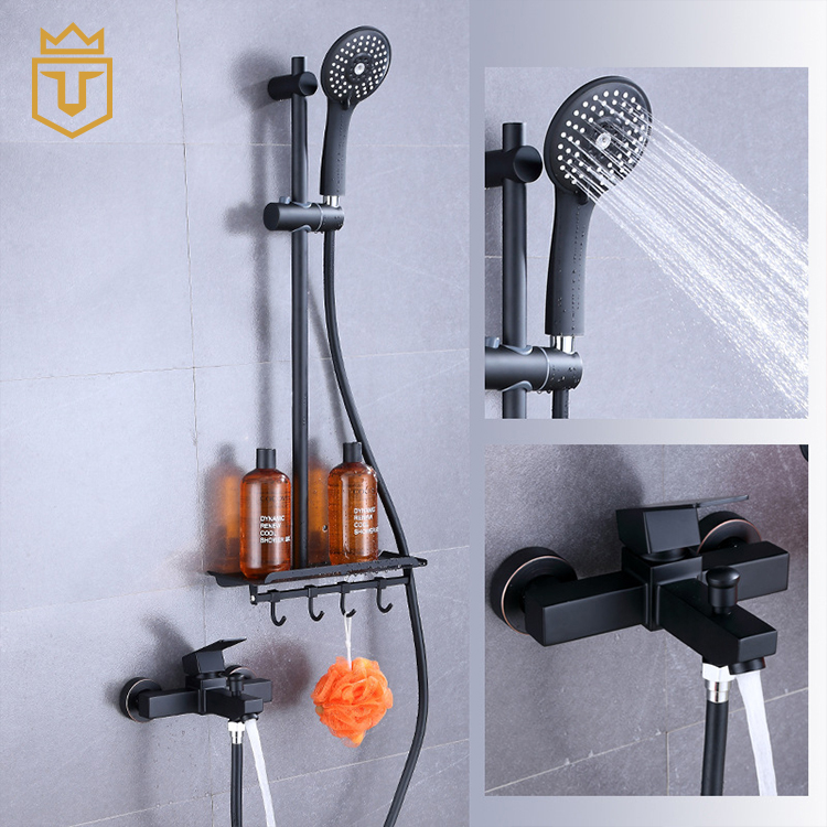 Black Bathroom Shower Set with Holder Shelf