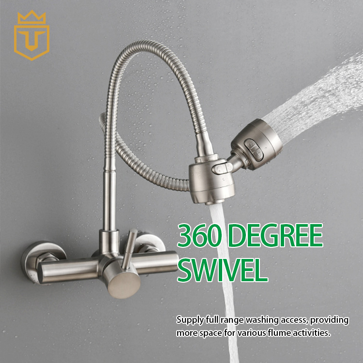 Wall Mounted Stainless Steel Flexible Hose Kitchen Mixer Taps