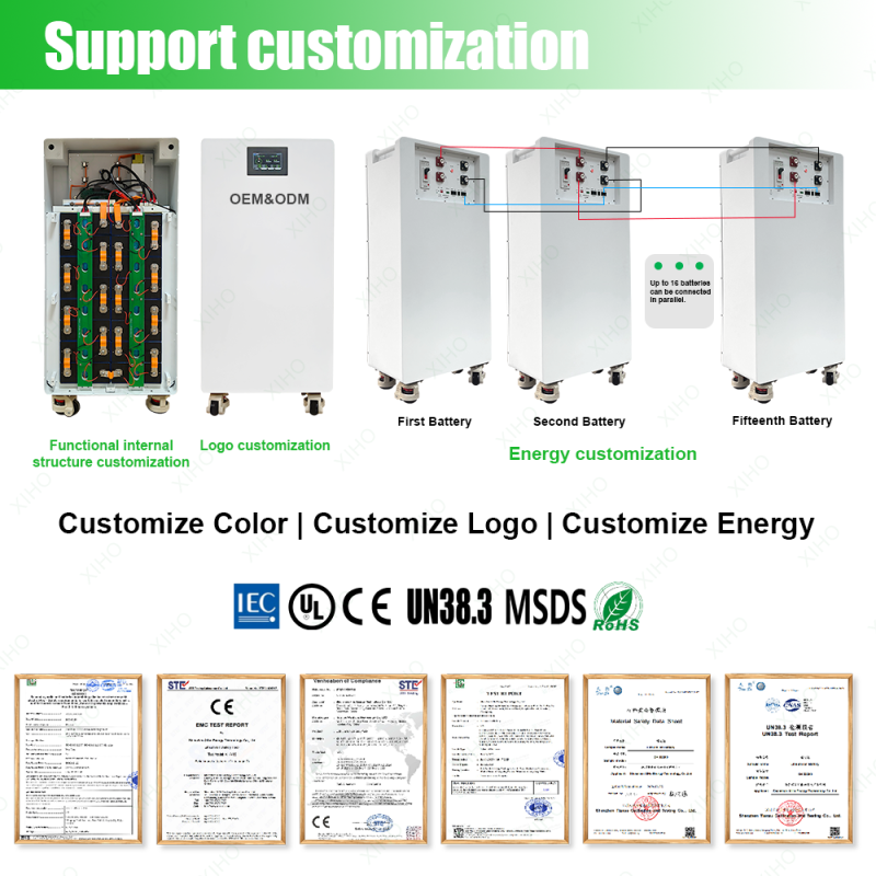 XIHO New Design 51.2V 48V 345AH 314AH 280AH 16S1P 16kWh 15kWh Vertical DIY Metal Lifepo4 Battery Box Wiht JK BMS