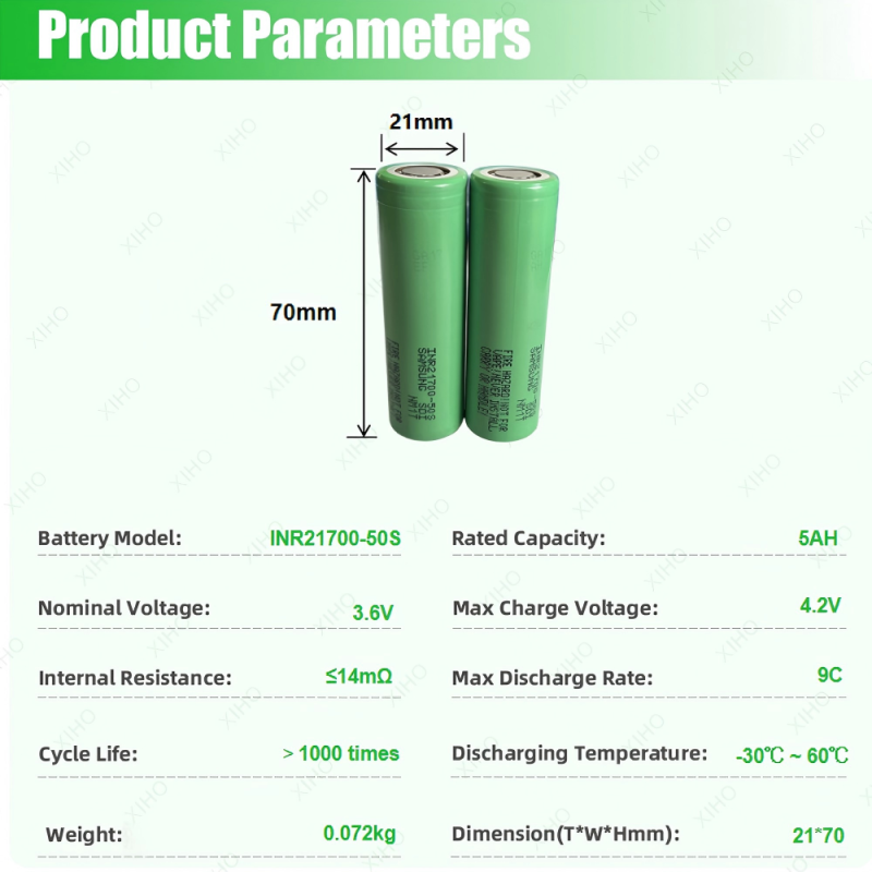 XIHO Competitive Price SAMSUNG INR21700-50S 5Ah NMC Cylindrical Battery