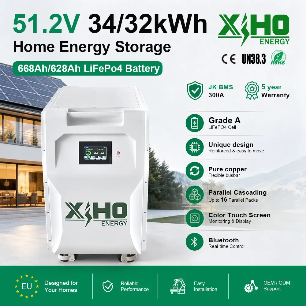 XIHO 51.2V 34KWh 300A 16S1P 628AH 668Ah Lifepo4 Battery Pack With JK BMS