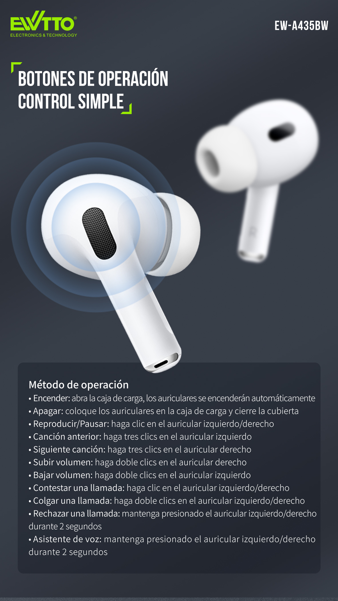 EW-A435BW Auricular TWS,Audífonos de Bluetooth