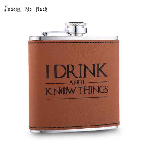 6 oz. Laserable Leatherette Stainless Steel flask ,brown leather flask, tan/black leather hip flask