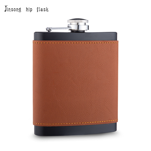 wholesales 7 oz black-brown engraved leather hip flask,18/8 stainless steel flask