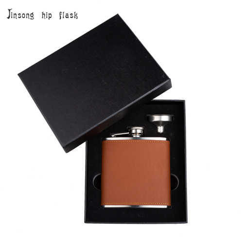 6 oz. Laserable Leatherette Hip Flask Set in Black Presentation Box,18/8 stainless steel Laserable Flasks set,Tan/black leather