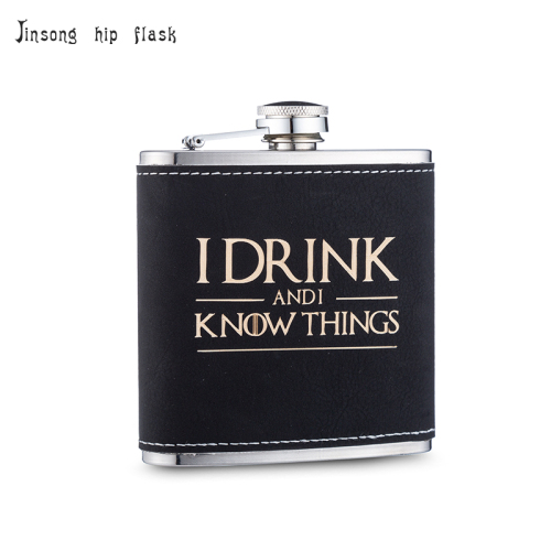 6 oz. Laserable Leatherette Stainless Steel hip Flask ,Black/sliver leather hip flask
