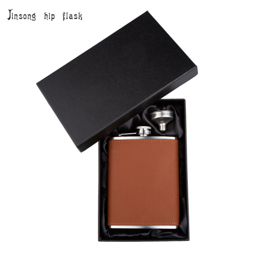 8 oz. Laserable Leatherette Flask Set in Black Presentation Box,18/8 stainless steel Laserable Flasks set, brown /black leather
