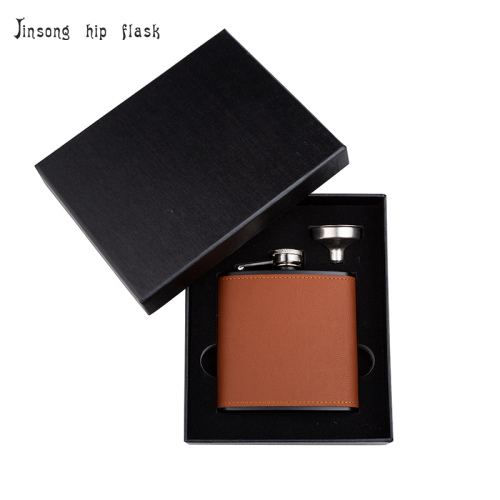 6 oz. Laserable Leatherette Hip Flask Set in Black Presentation Box,18/8 stainless steel Laserable Flasks set,Tan/black leather