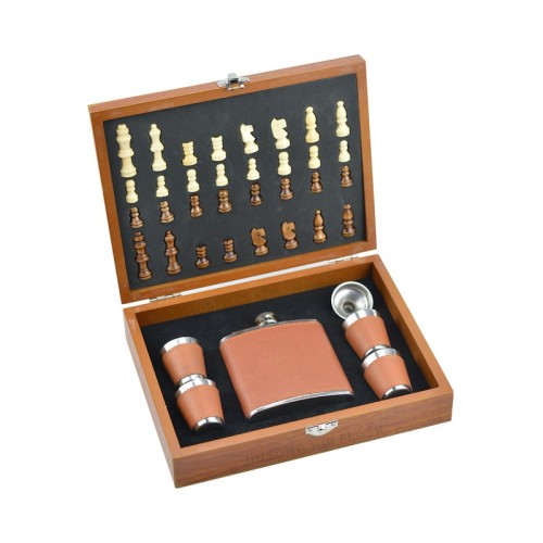 Wooden chess gift set with hip flask and shot glass, personalized man's gift set